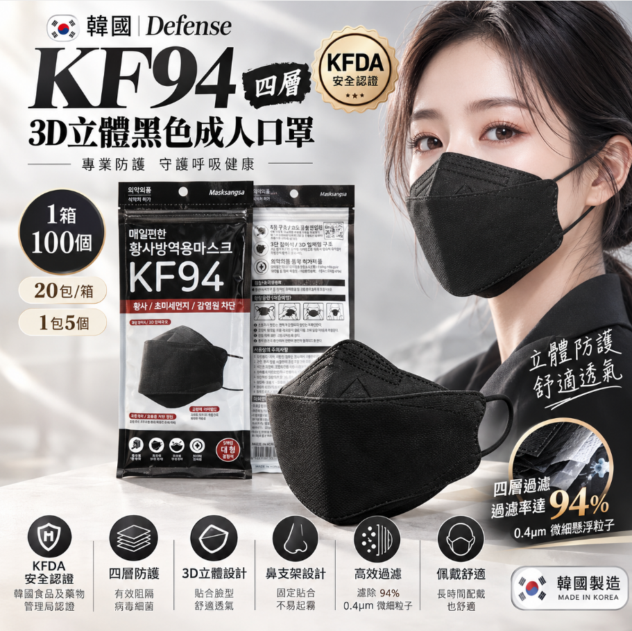 韓國🇰🇷Defense-KF94 四層3D立體黑色成人口罩, 一箱100個 ，1箱20包 ，1包5个